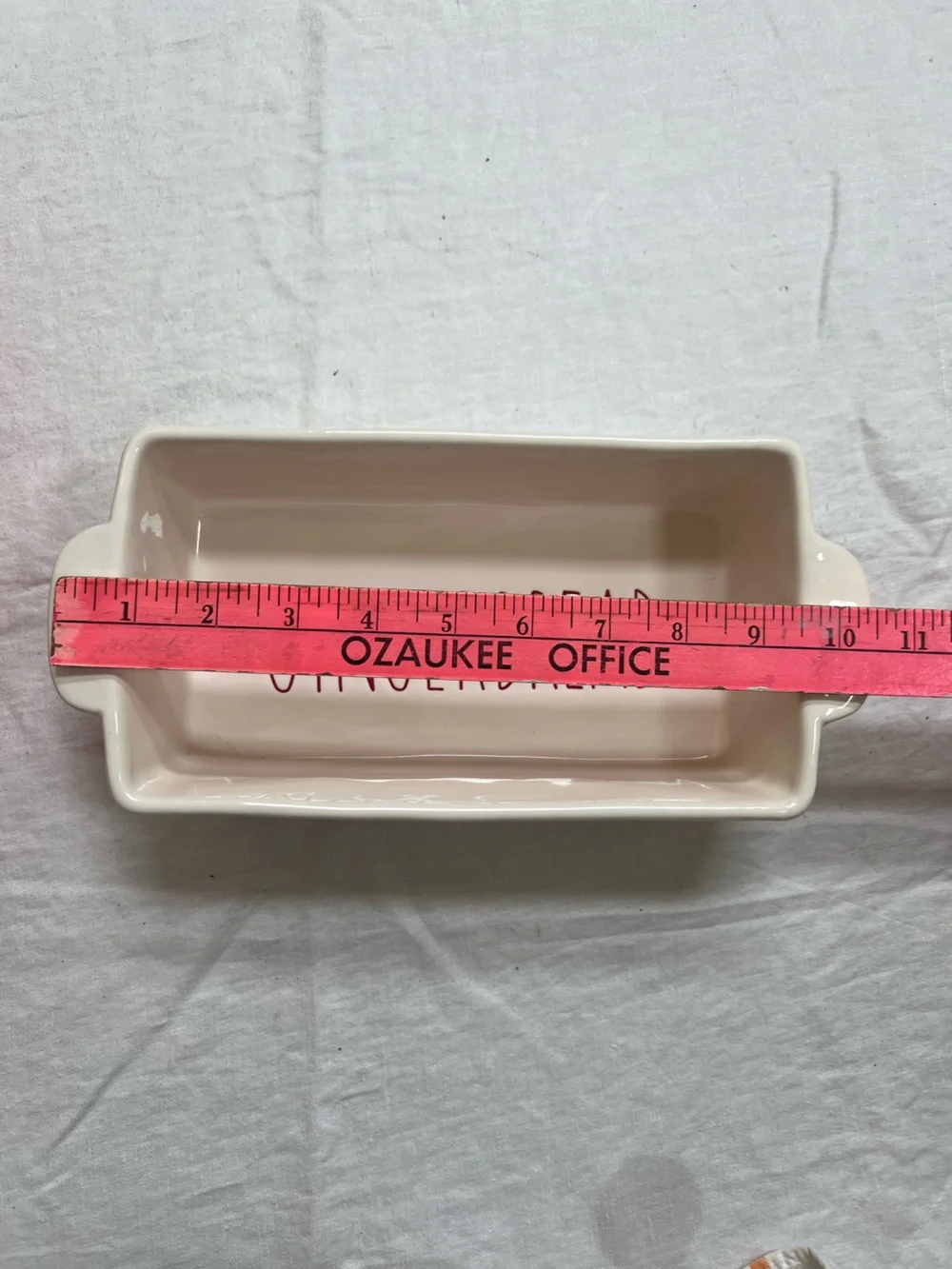 Rae Dunn Christmas GINGERBREAD Loaf Pan White With Red Lettering 9